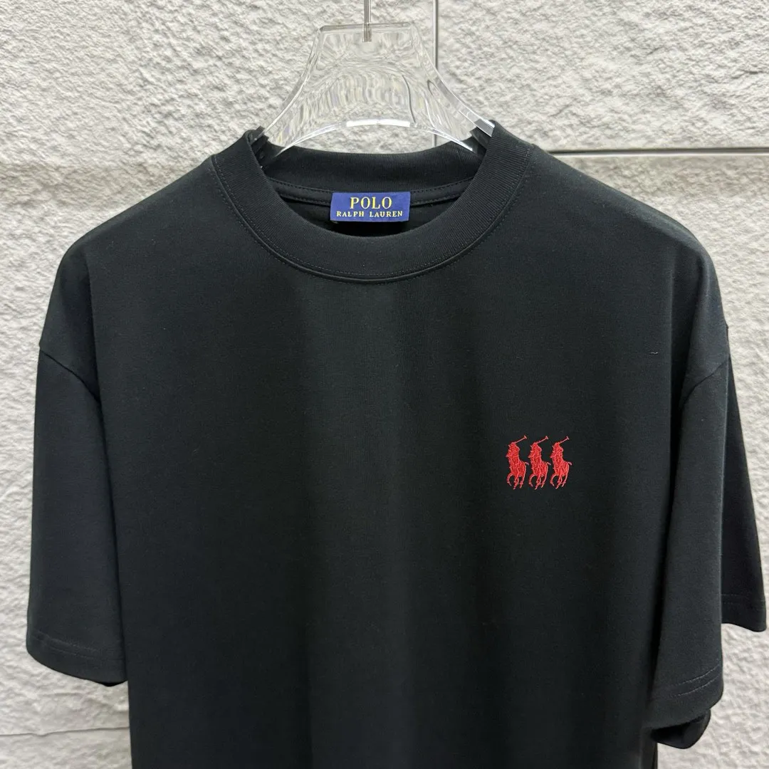 🅿️180 Polo* Ralph Lauren 2025 spring and summer new style Classic three little pony embroidery Customized double yarn plain cotton fabric Short-sleeved T-shirt Unisex Color: Black White Size: S (90-130 pounds) M (120-150 pounds) L (140-165 pounds) XL (160-180 pounds) XXL (180-210 pounds)